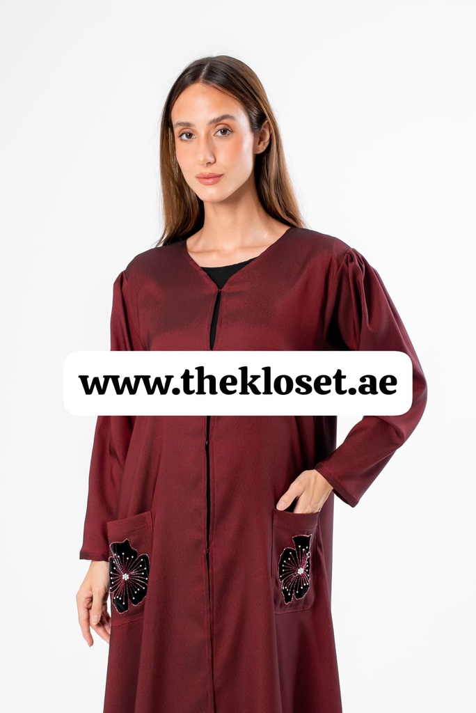 Maroon Hand Beaded Flowers Abaya 
