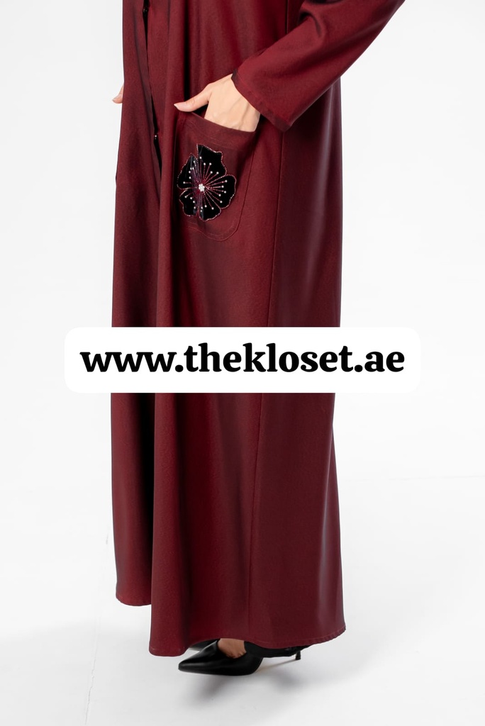 Maroon Hand Beaded Flowers Abaya 