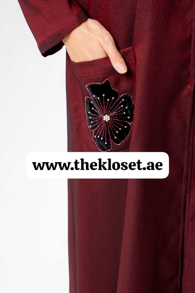 Maroon Hand Beaded Flowers Abaya 