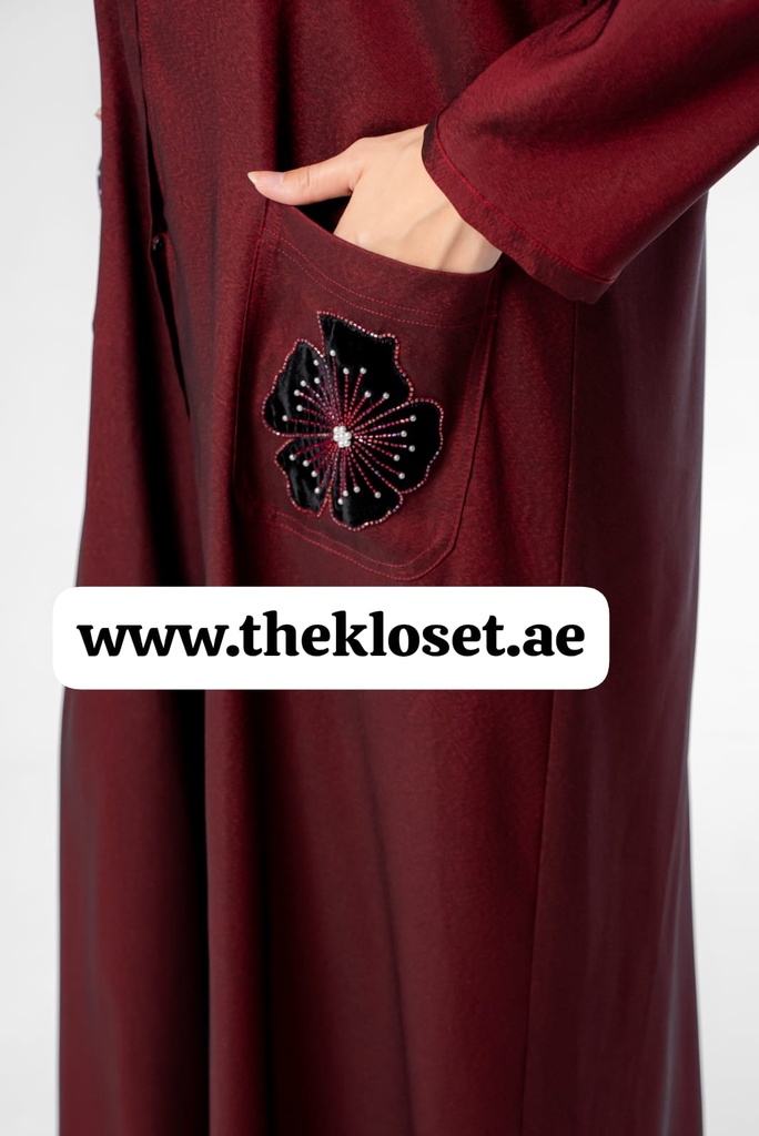 Maroon Hand Beaded Flowers Abaya 