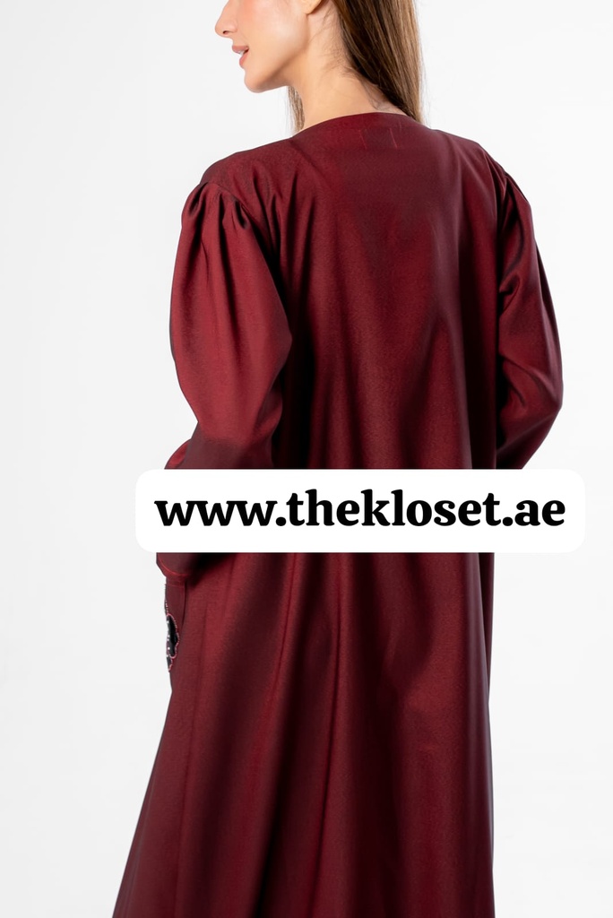 Maroon Hand Beaded Flowers Abaya 