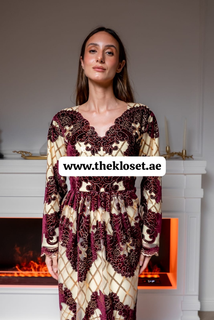  Royal floral Sequins beige & maroon Dress 