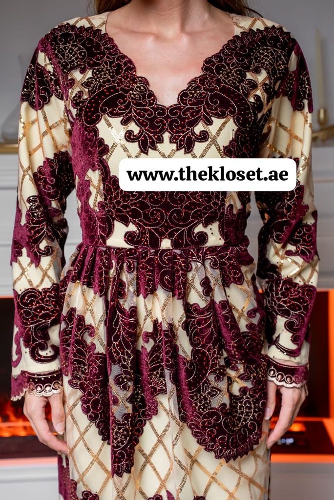  Royal floral Sequins beige & maroon Dress 