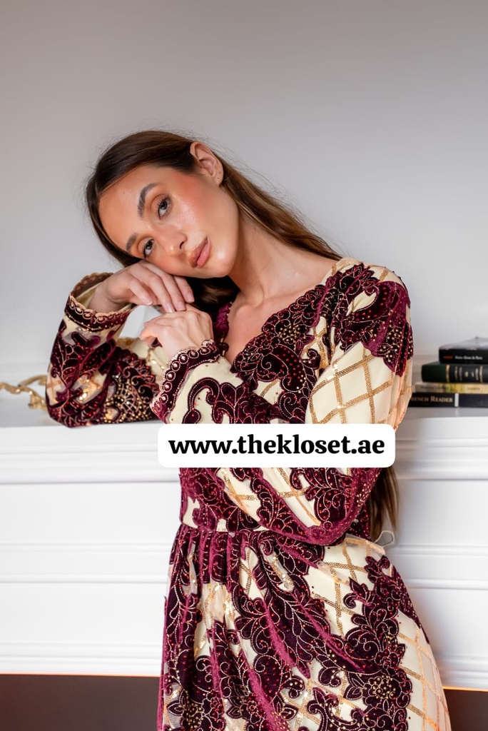  Royal floral Sequins beige & maroon Dress 