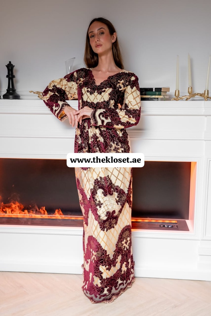  Royal floral Sequins beige & maroon Dress 