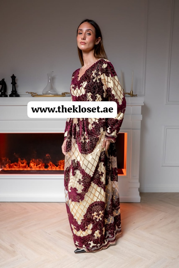  Royal floral Sequins beige & maroon Dress 