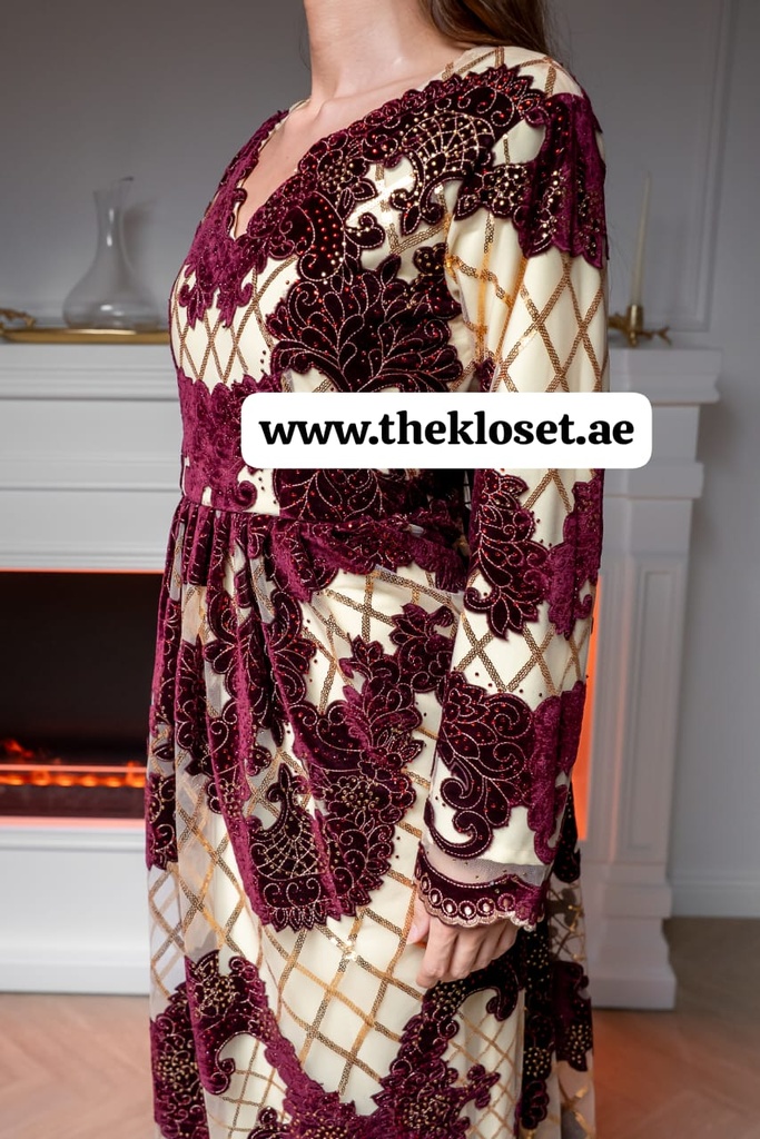  Royal floral Sequins beige & maroon Dress 