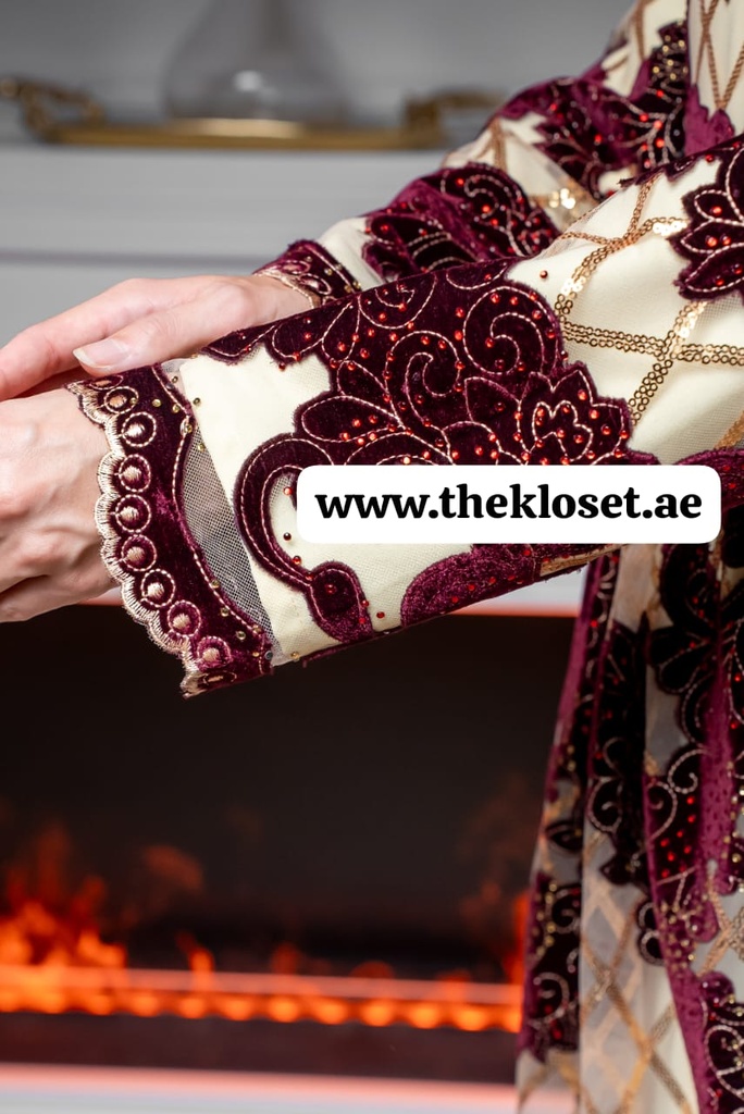  Royal floral Sequins beige & maroon Dress 