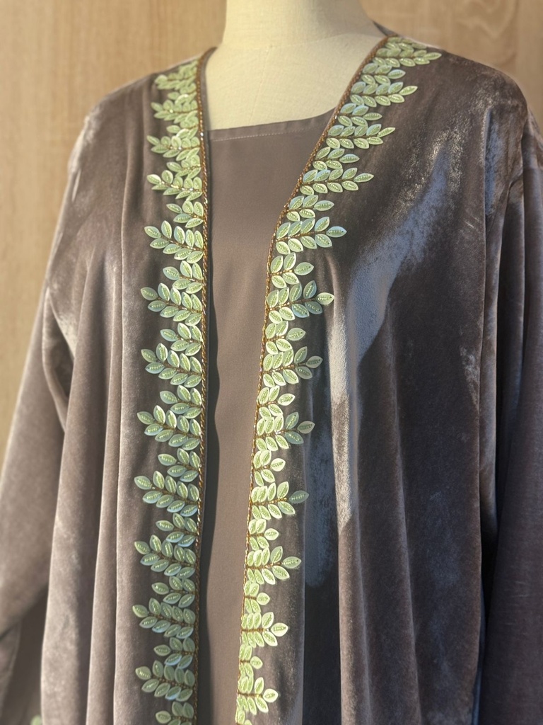 Velvet embroidered abaya -Taupe