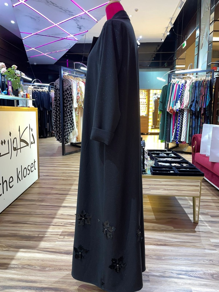 Chic Black Hand Made  Abaya With Flower Design