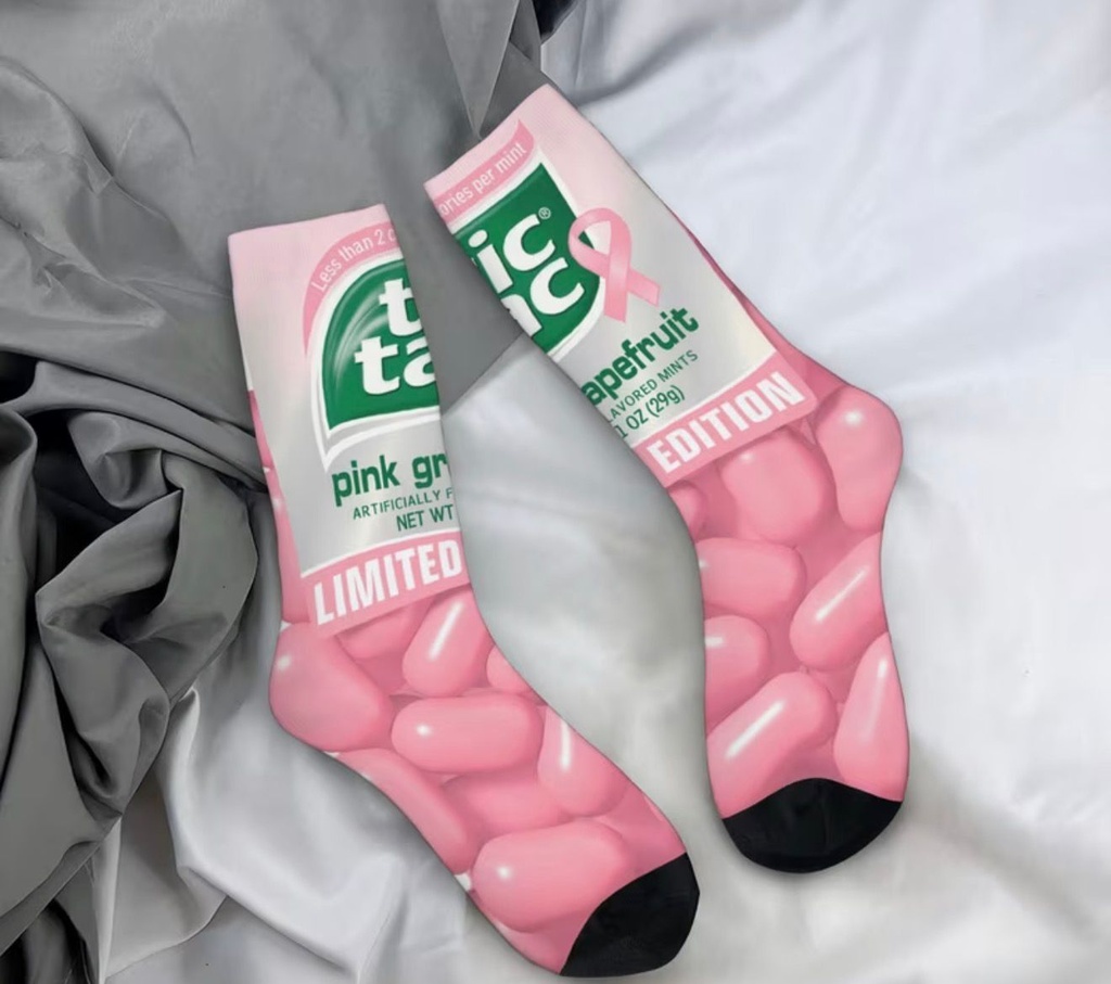 Pink Ribbon Print Crew Socks – Unisex