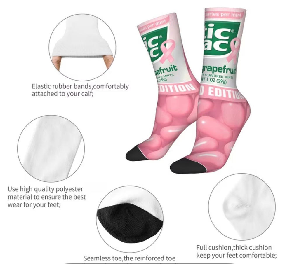 Pink Ribbon Print Crew Socks – Unisex