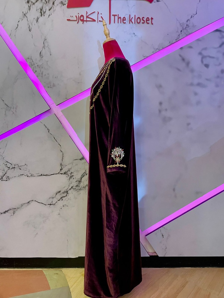 Burgundy Velvet Long Dress with Chain Detail