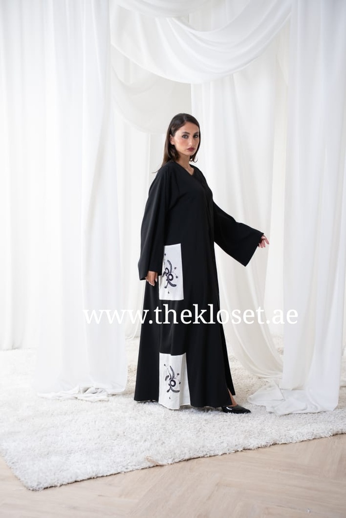 Black Abaya With Beaded Floral Design