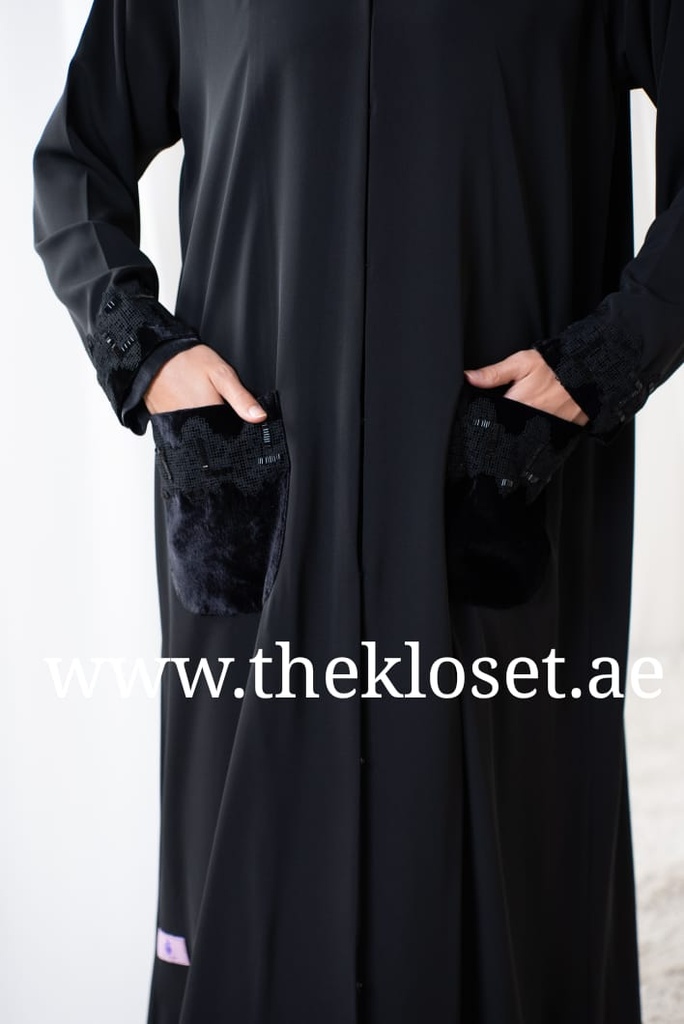 Beaded velvet rim silky abaya