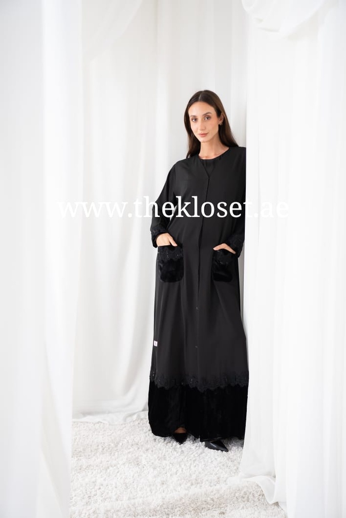Beaded velvet rim silky abaya