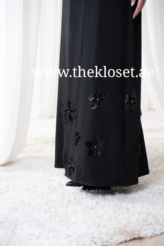 Chic Black Hand Made  Abaya With Flower Design