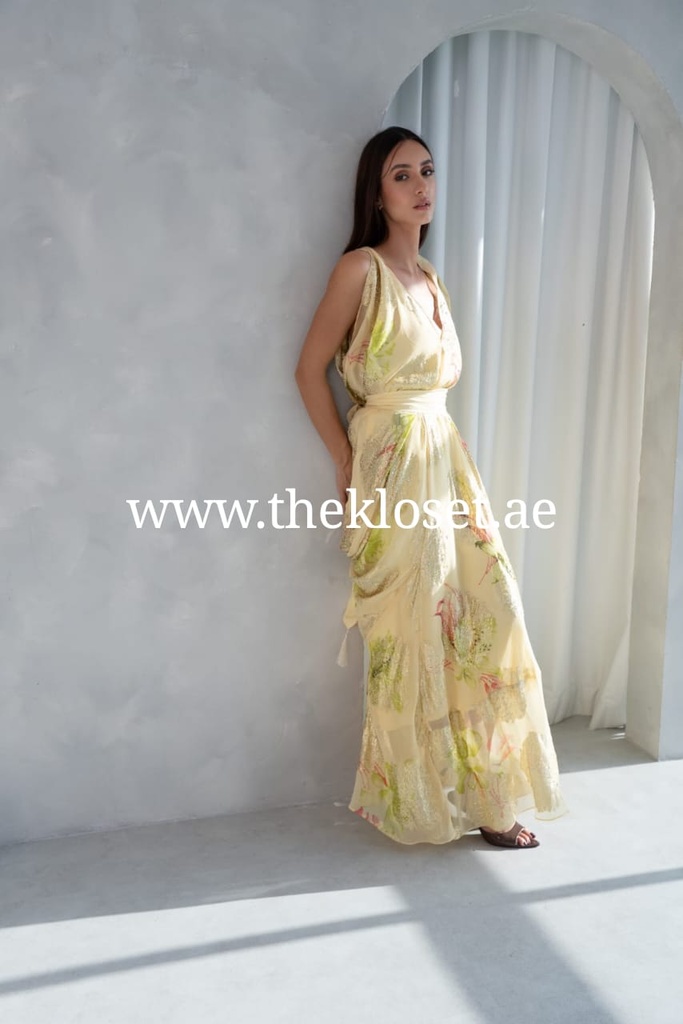 Asymmetric Diva Yellow Drape Dress 
