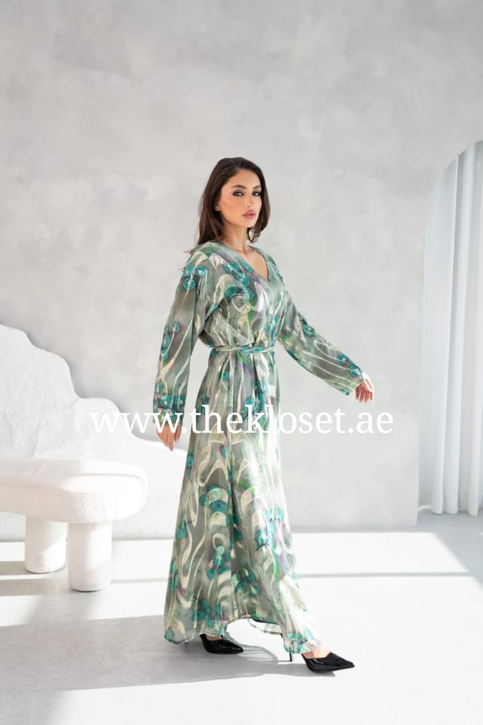 Green floral hand beaded Dress