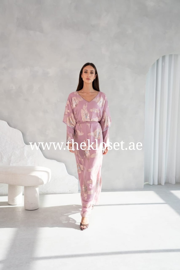 Pale Purple Chiffon Dress Featuring Golden Embellishments