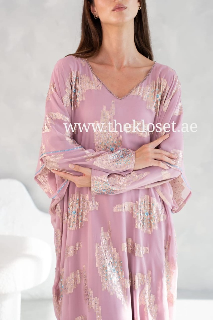 Pale Purple Chiffon Dress Featuring Golden Embellishments