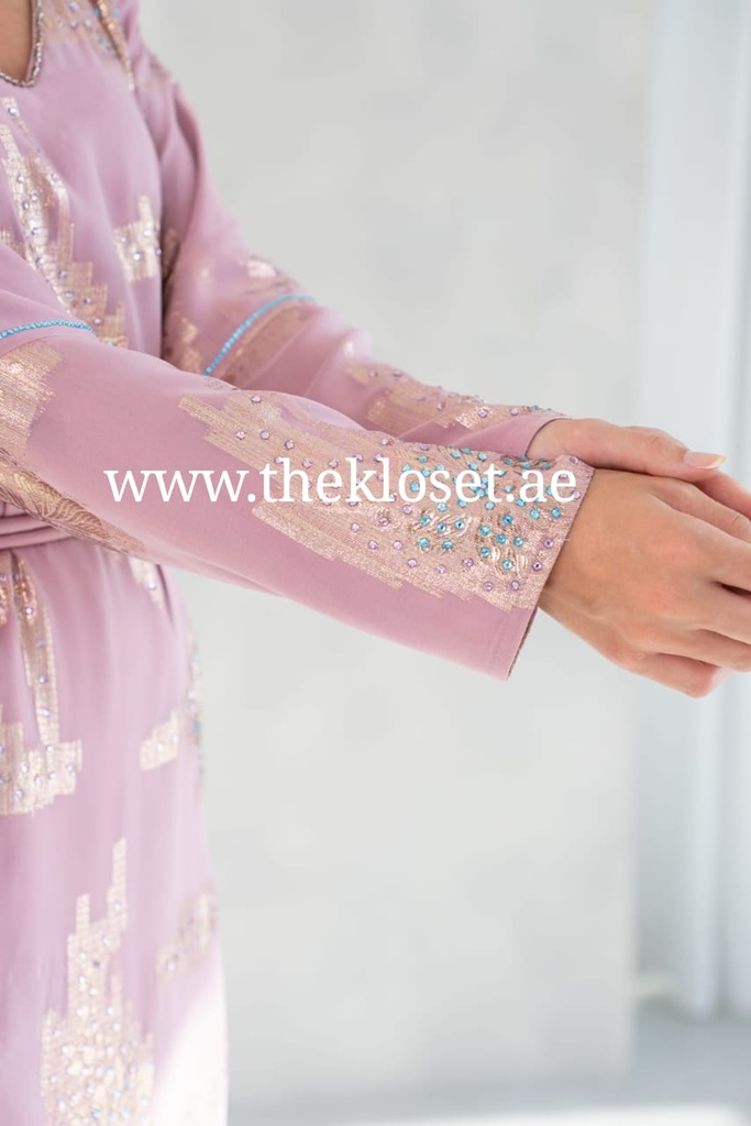 Pale Purple Chiffon Dress Featuring Golden Embellishments