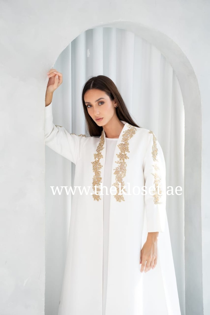 White Abaya With Golden Embroidery 