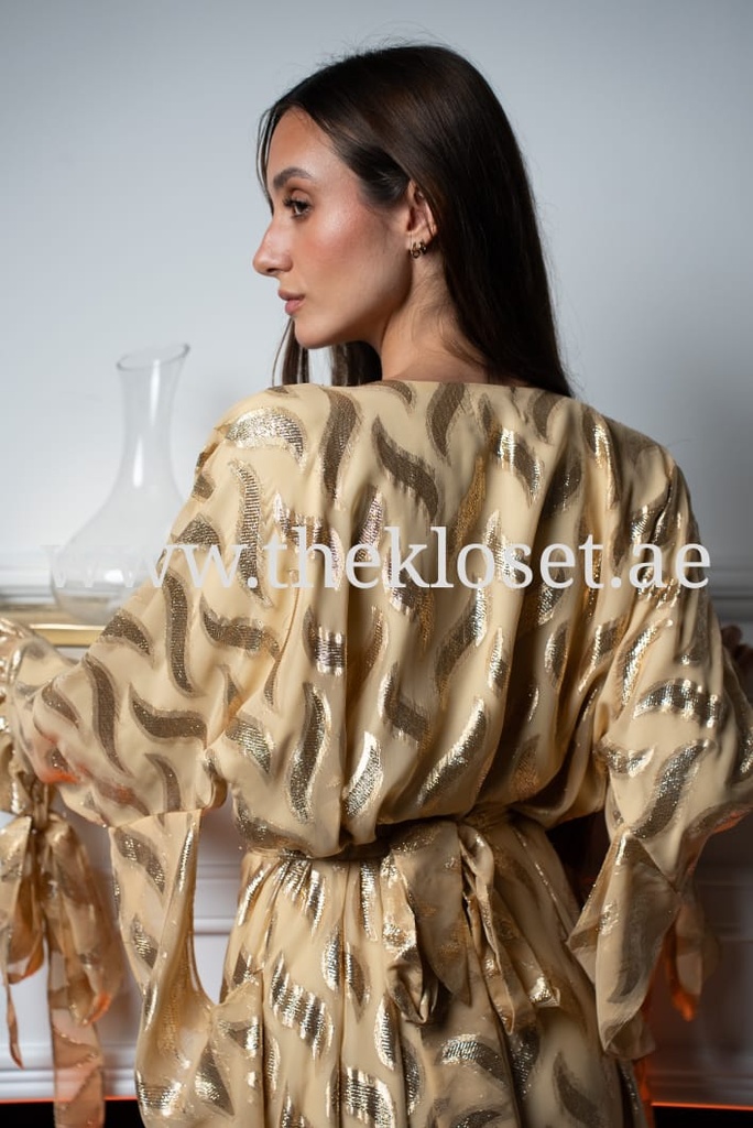 Beige butterfly style belted hand beaded thoub dress 