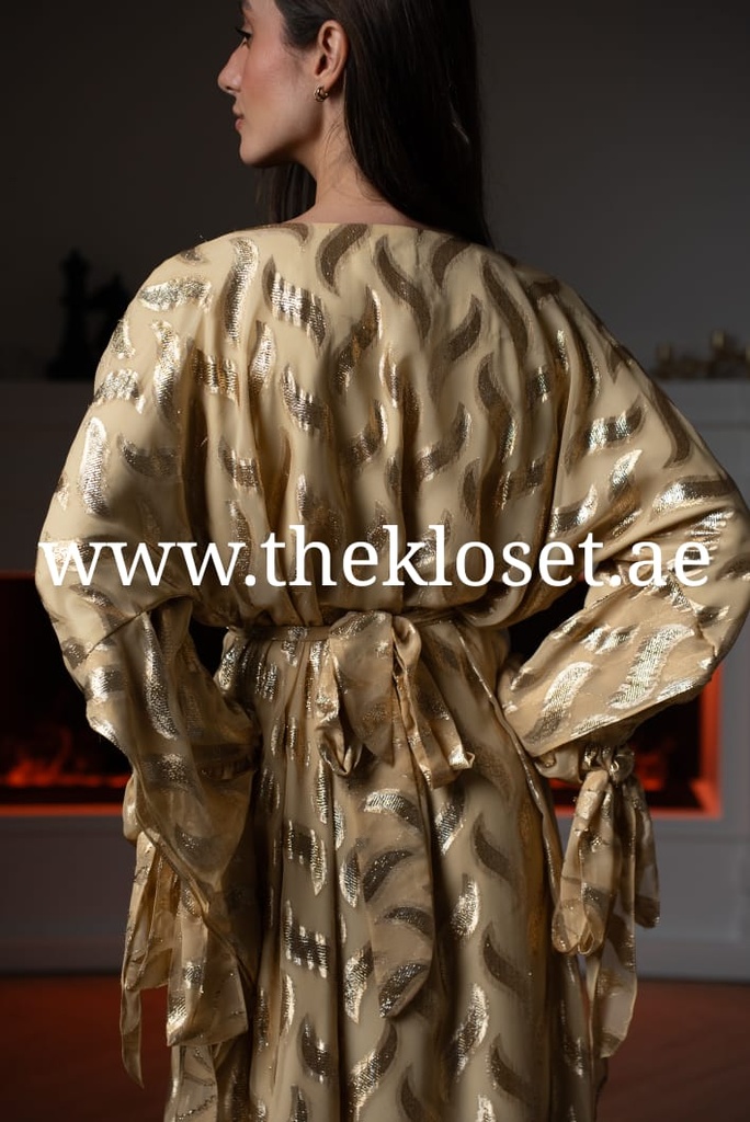 Beige butterfly style belted hand beaded thoub dress 