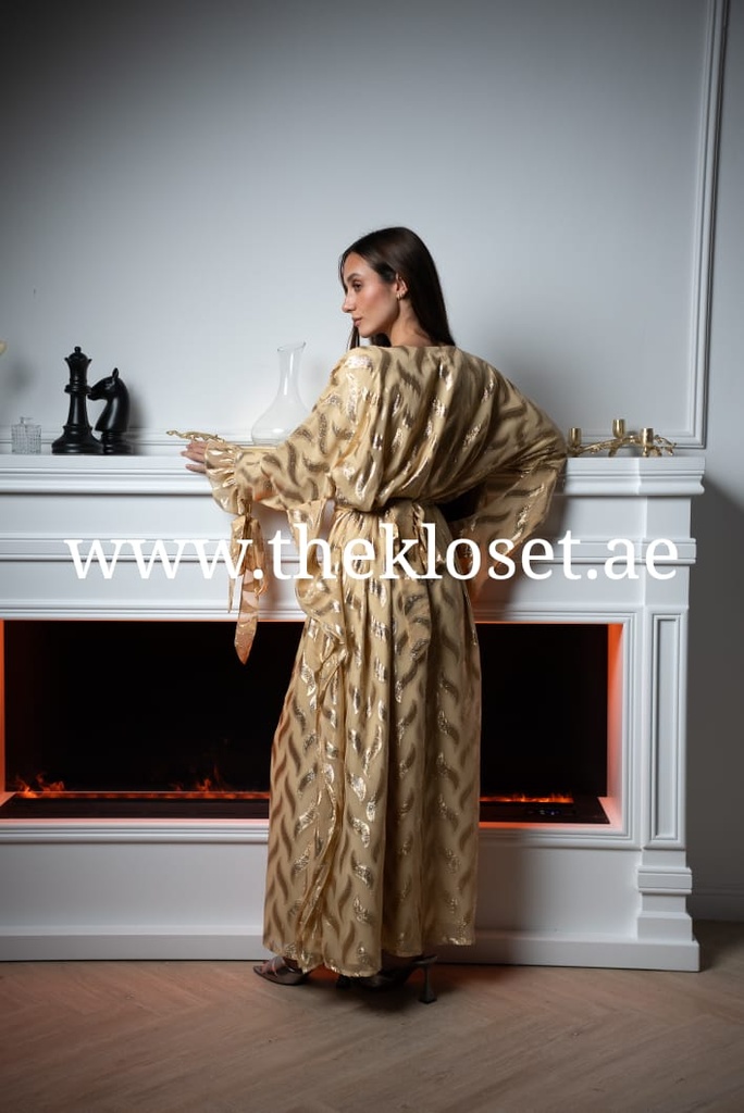 Beige butterfly style belted hand beaded thoub dress 