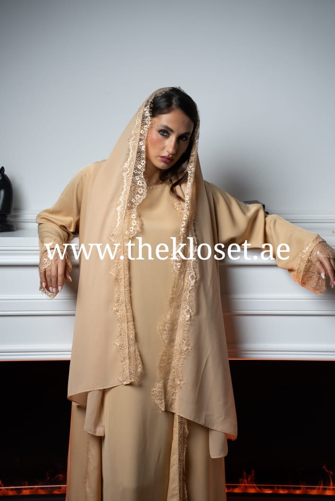 Khaki Lace Abaya Dress & Shaila Set