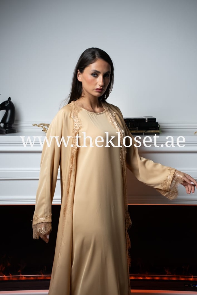 Khaki Lace Abaya Dress & Shaila Set