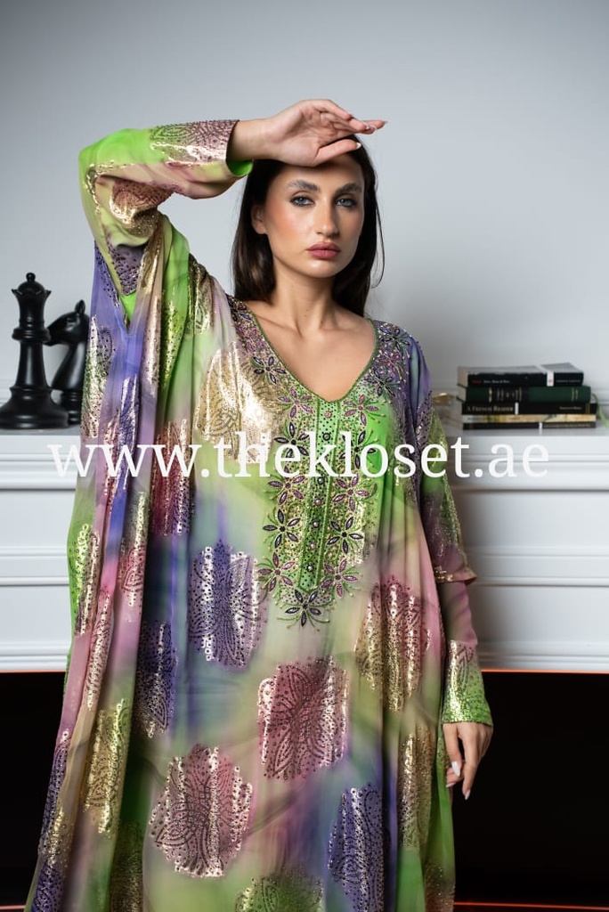 Hand beaded belted thoub dress