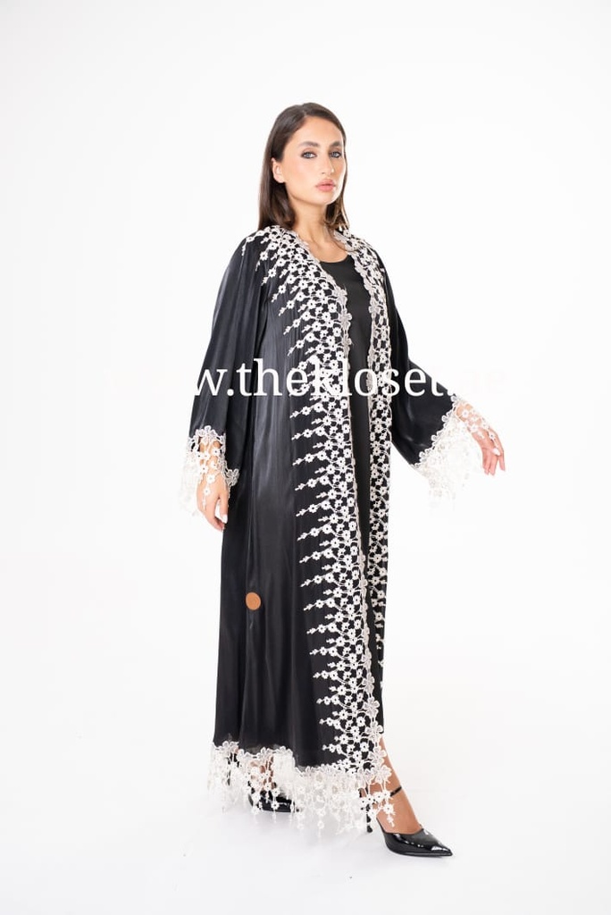 Elegance Abaya with White Flower Embroidery