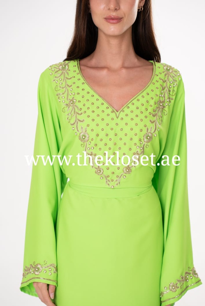 Neon Green Long Sleeve Embroidered Dress