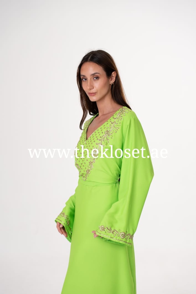 Neon Green Long Sleeve Embroidered Dress