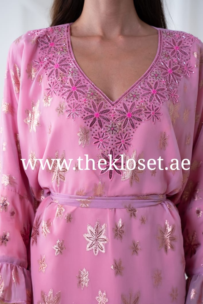 Pink butterfly style belted hand beaded thoub dress