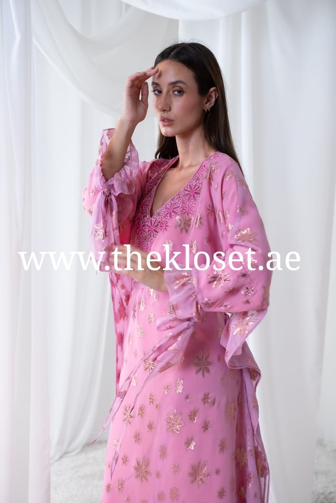 Pink butterfly style belted hand beaded thoub dress