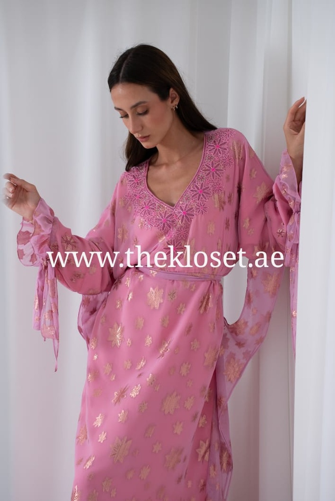 Pink butterfly style belted hand beaded thoub dress