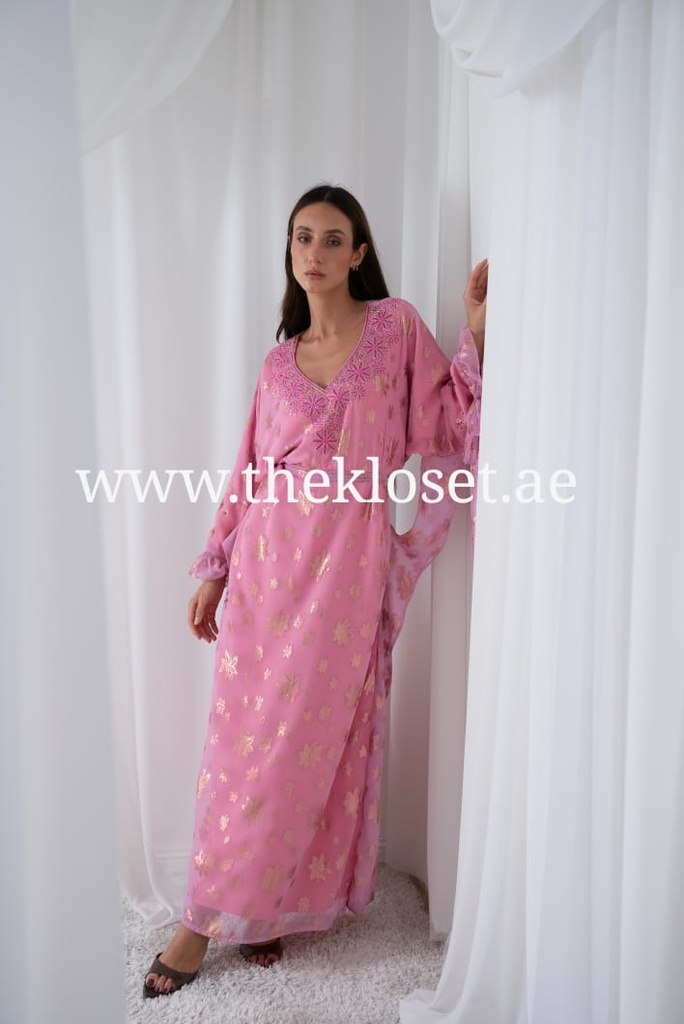 Pink butterfly style belted hand beaded thoub dress