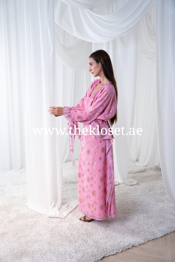 Pink butterfly style belted hand beaded thoub dress