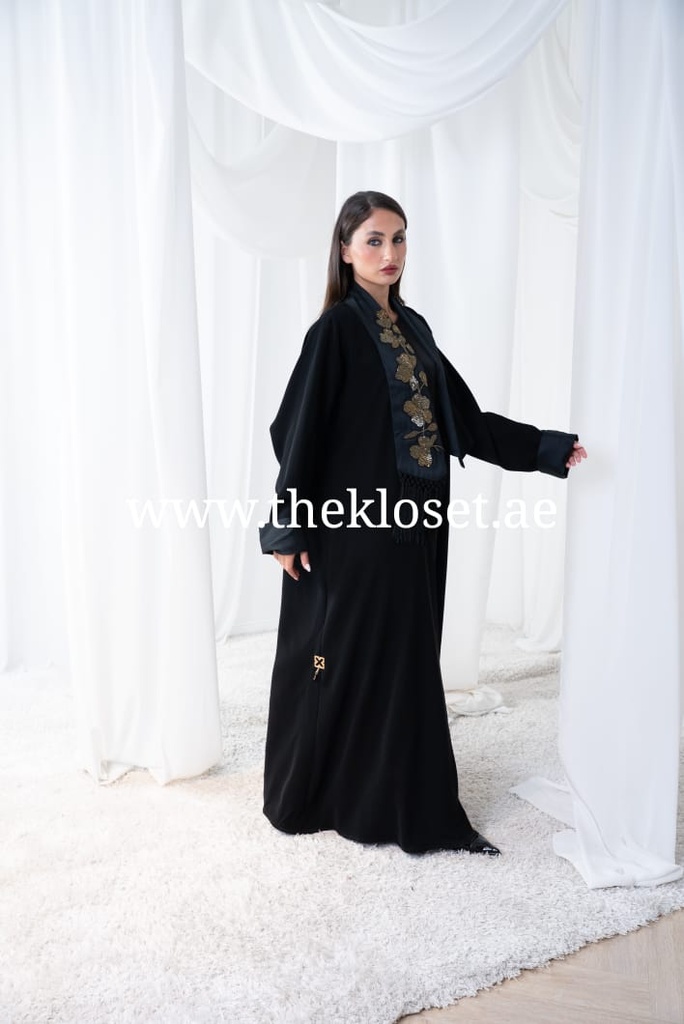 Black Chic Abaya With Tassel And Flower Design