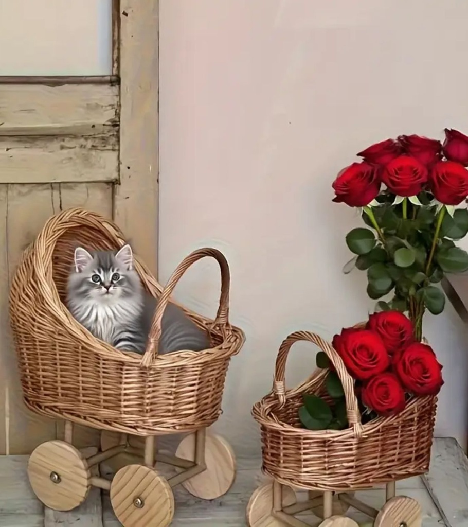 Woven Rattan Decorative Basket with Wooden Wheels