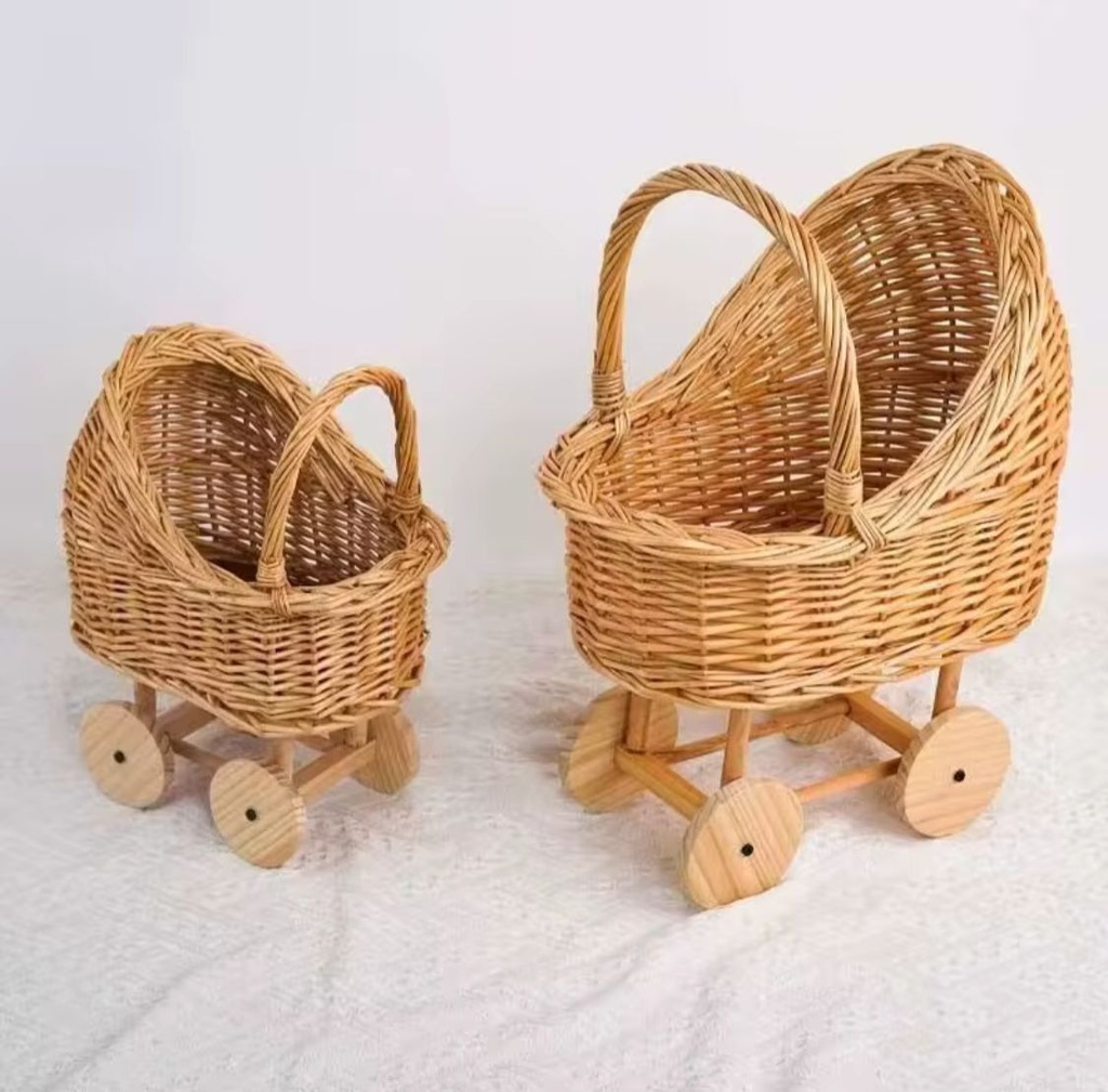 Woven Rattan Decorative Basket with Wooden Wheels