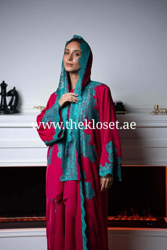 Scarlet Lace Abaya, Gown And Scarf Set 