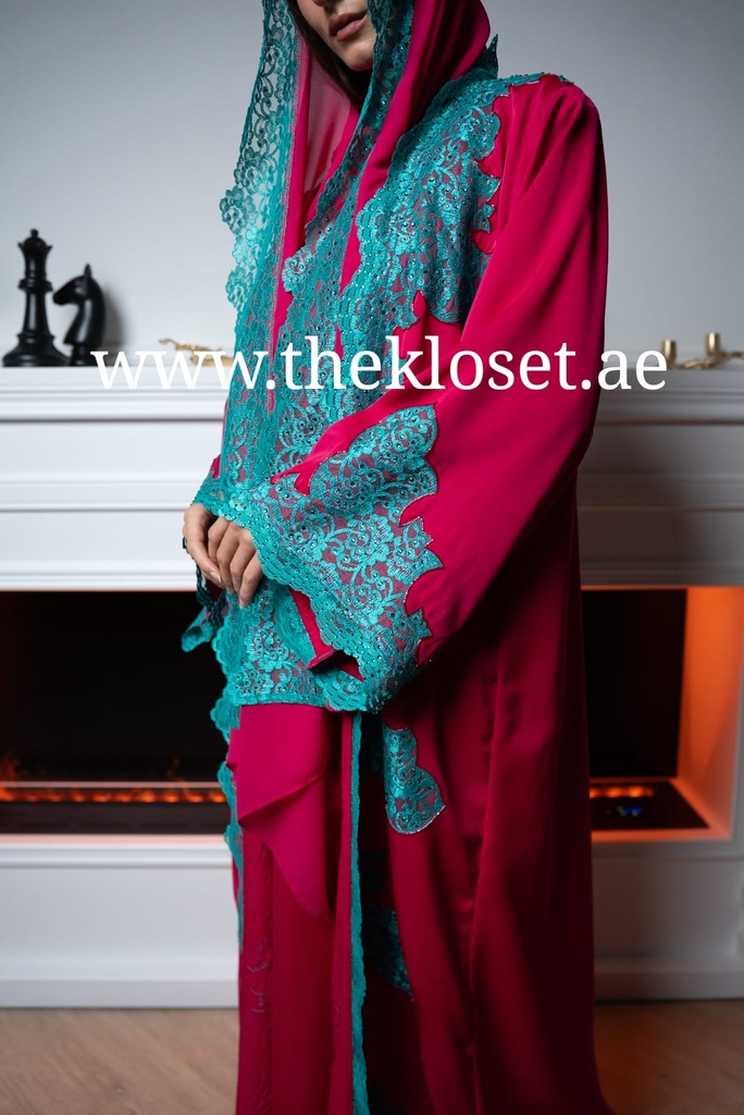 Scarlet Lace Abaya, Gown And Scarf Set 