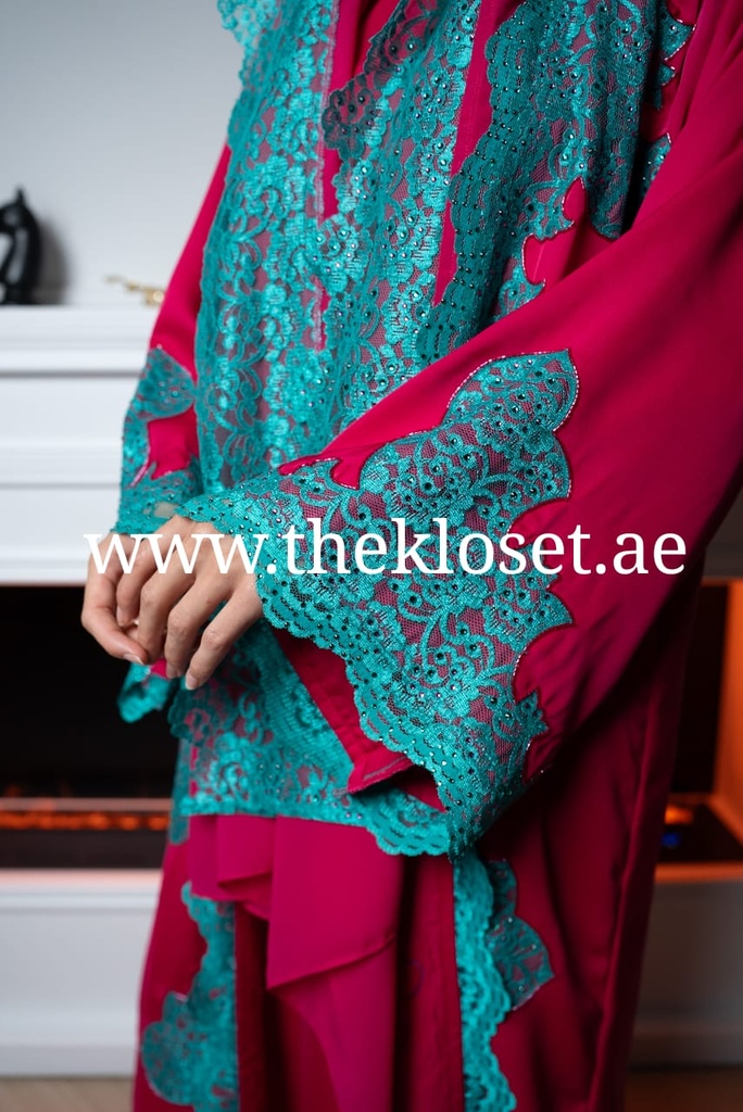 Scarlet Lace Abaya, Gown And Scarf Set 