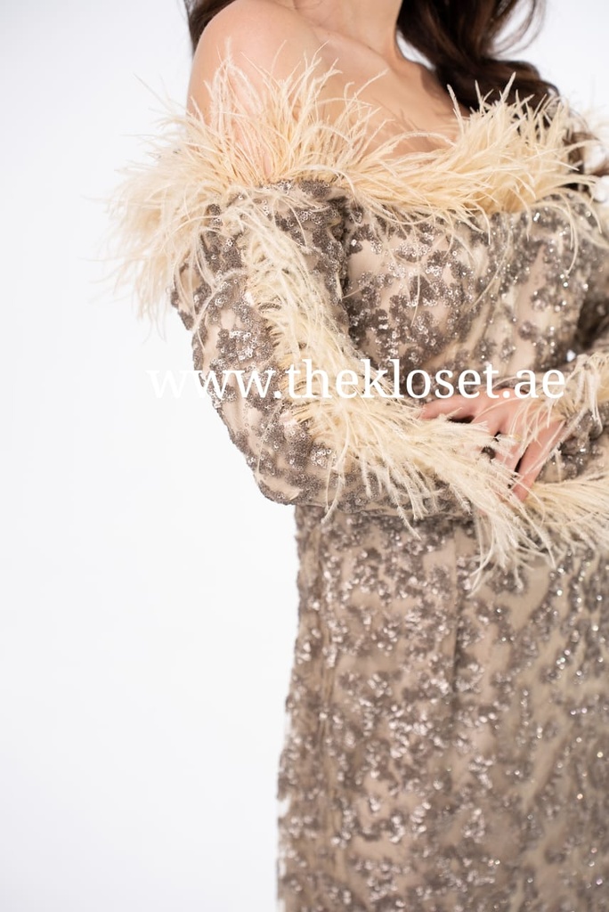 Golden Beaded Feather Evening Dress