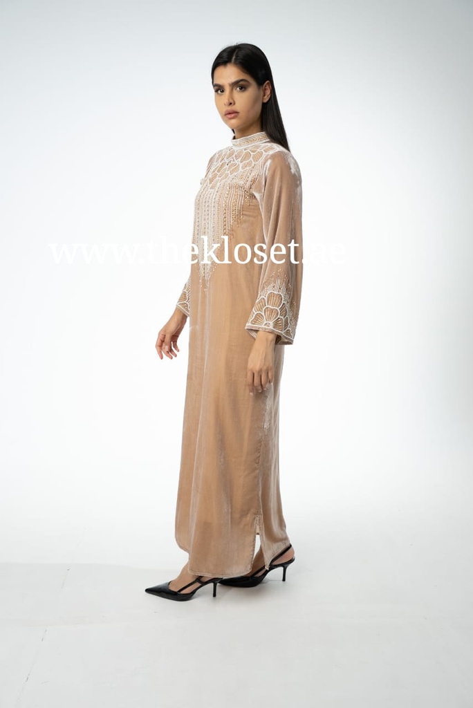 Luxurious high neck hand beaded velvet Dress