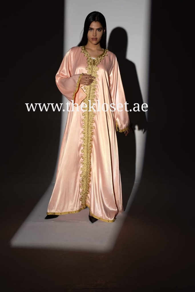 Peach Pink Long Dress With Golden Embroidery Design